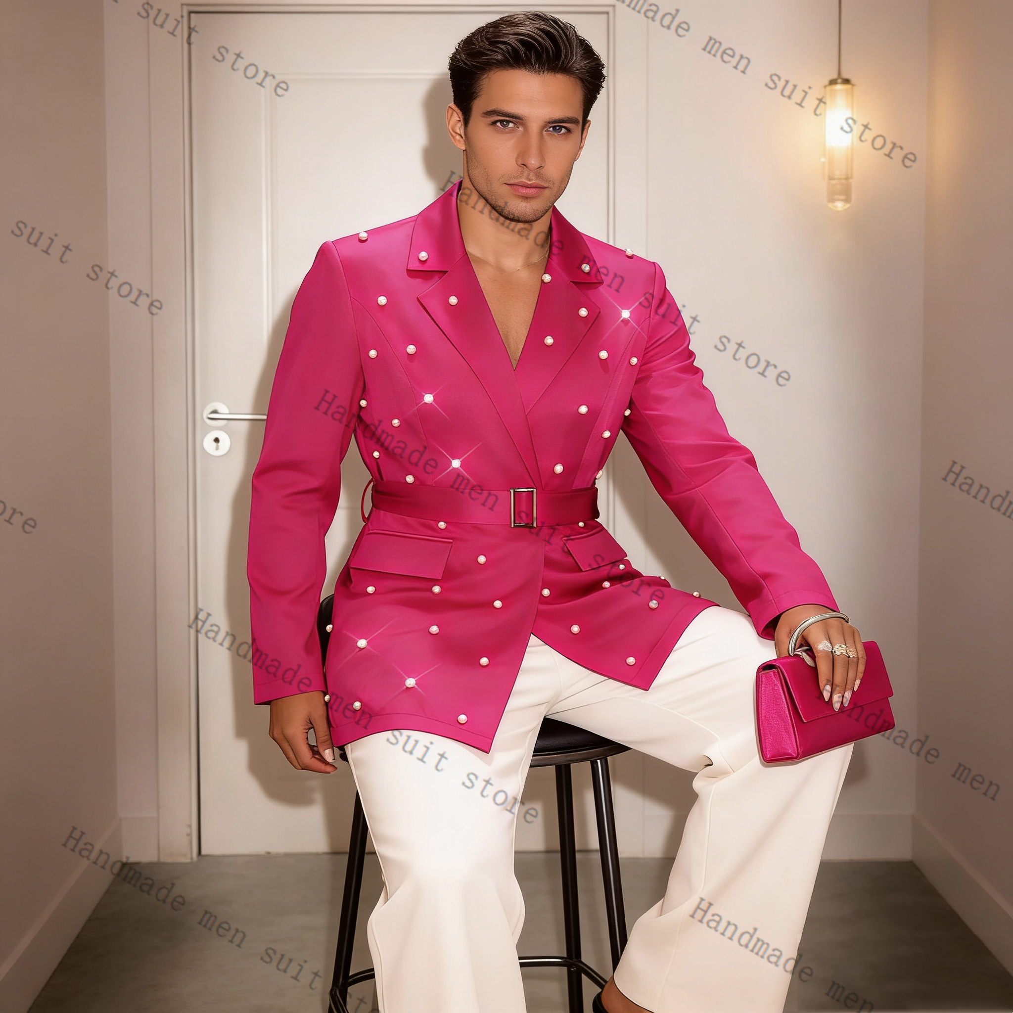 Pearls Pink Men Suit Set 2 Pie - Men'S Formal Wear Belt บทวิจารณ์และราคา