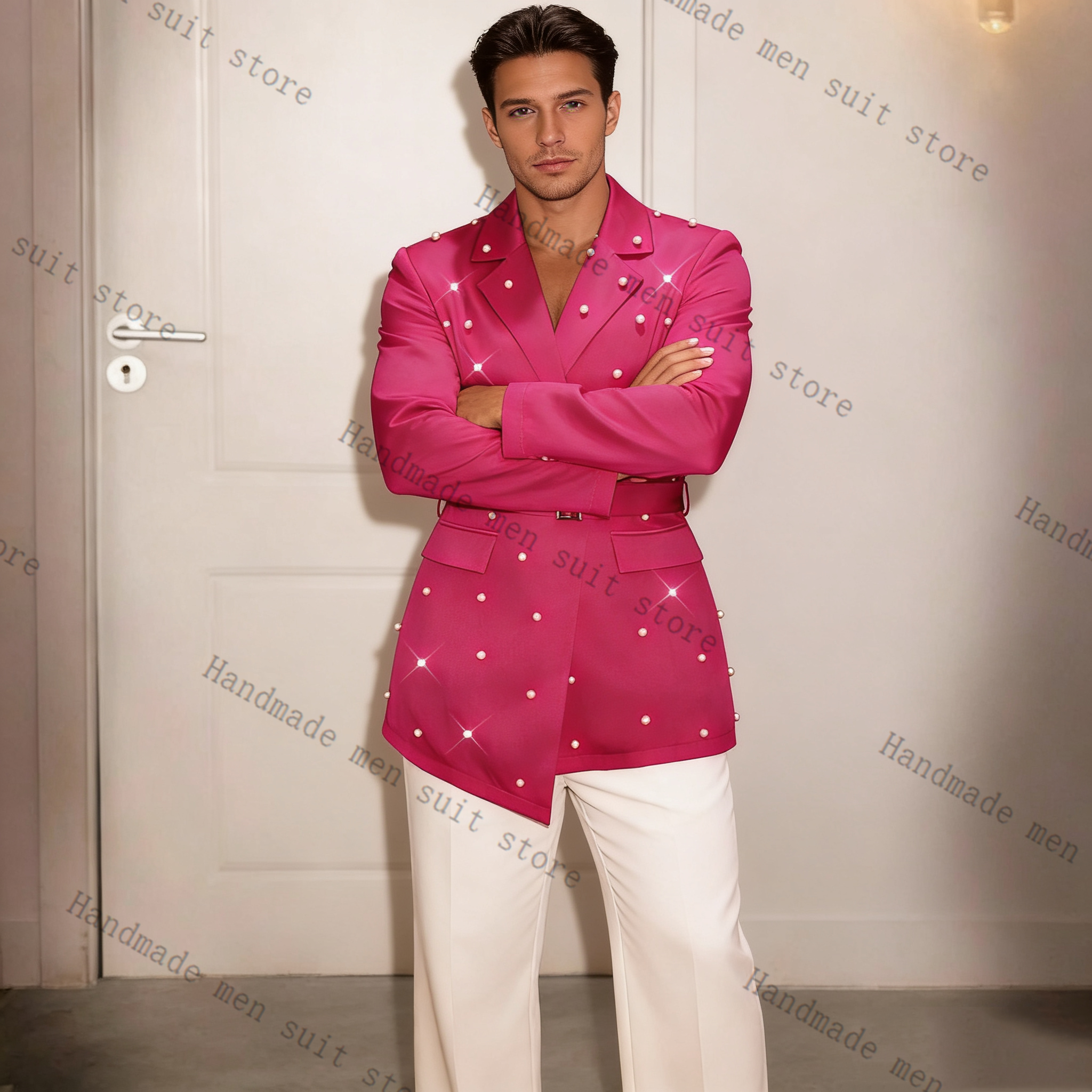Pearls Pink Men Suit Set 2 Pie - Men'S Formal Wear Belt บทวิจารณ์และราคา